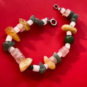 Genuine Handmade 925 Sterling Silver Multi Gemstone Jade Rose Quartz Bracelet 8"
